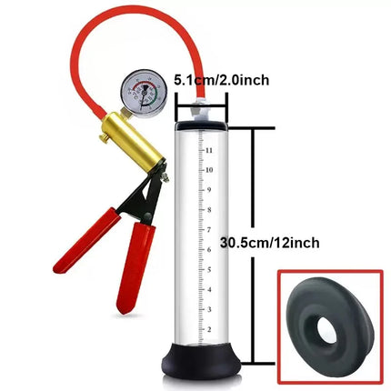 Manual Penis Vacuum Pump with Gauge, Acrylic Male Enlargement Extender Trainer, Masturbation Pump Adult Sex Toy Set for Men