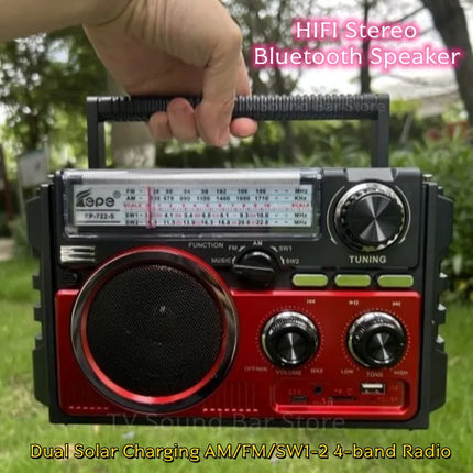 FP-722-S Dual Solar Charging AM/FM/SW1-2 4-band Radios HIFI Stereo Bluetooth Speaker Portable Mp3 Music Player Built in Speakers