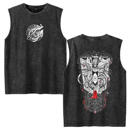 Anime Fullmetal Alchemist Vintage Washed Tank Tops Funny Manga Brotherhood Eyes T-shirts Fashion Casual Sleeveless Vest T-shirts