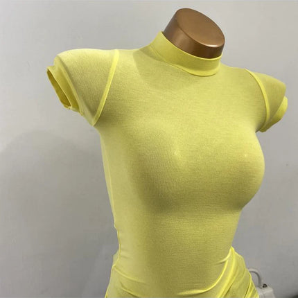 Korean Transparent Short-Sleeved Slim-Fit Elastic Solid Color Bottoming T-shirt with Half-High Collar - Sexy Big Chest T-shirt