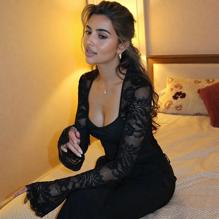 Sexy Hollow Out Lace Patchwork Crop Tops Women Slim Fit Flare Long Sleeve T Shirts Streetwear Black White Tees Female Undershirt