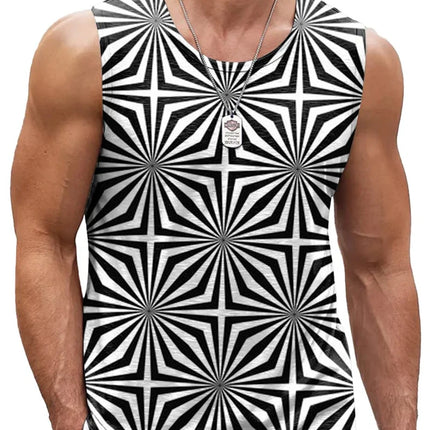 Mens Retro Geometric 3D Printed Tank Top Summer Casual Crew Neck Fashion Trend Sleeveless Vest Loose Breathable Sports Tops