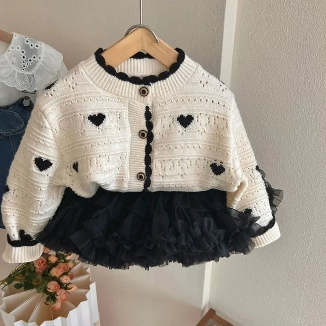 Baby Girl Knit Cardigan Korean Style Heart Pattern Long Sleeve Open Front Sweater Warm Winter Jacket for Toddler Girls