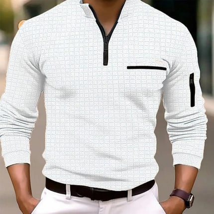 Spring autumn men's golf POLO shirt stand collar checkerboard arm zipper pocket fashion sports long-sleeved polo shirt top