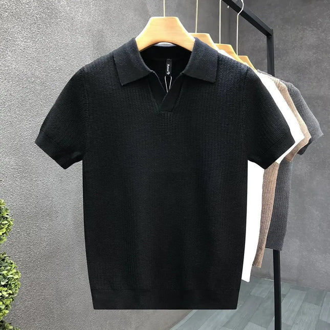 Men's Polo Neck Short Sleeve Knitted Sweater Slim Fit Summer Fashion Turn-down Collar Base Shirt Casual Style Pure Color