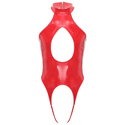 Mens Lingerie Latex Catsuit Wetlook Patent Leather Bodysuit One-piece Tempting Cut Out Crotchless Leotard Bodysuit Underwear