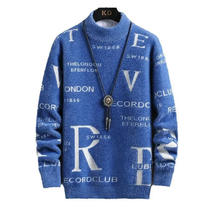 Men's Autumn Winter Fleece Lined Knitted Half High Collar Sweater Letter Pattern Thick Warm Casual Wear for All Seasons