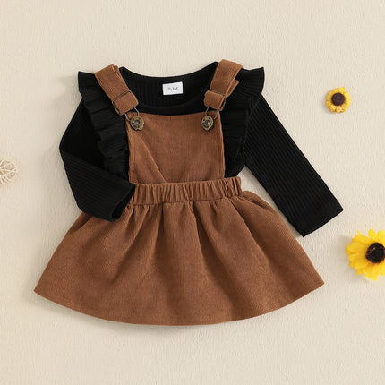 Infant Baby Girl Fall Outfits Ruffles Long Sleeve Crew Neck Ruffled Romper with Corduroy Suspender Skirt 2 Pcs Girls Sets