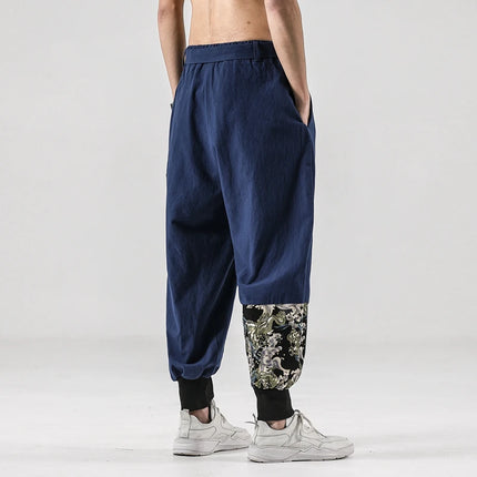 2024 Autumn Men Linen Harem Pants Mens Vintage Chinese Style Cotton Trousers Man Streetwear Pants Male Print Cross Crotch Pants