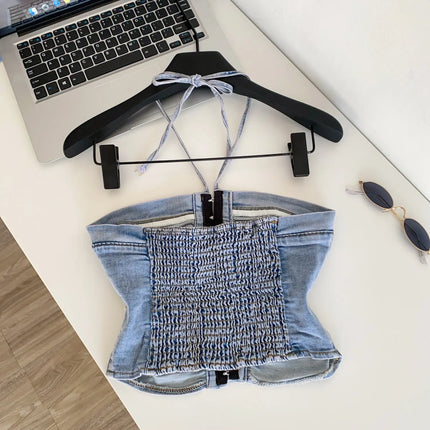SINGREINY Beach Denim Tank Top 2026 Halter Ruched Slim Solid Camisole Streetwear Hot Girl Basics Y2K Backless Sexy Crop Top