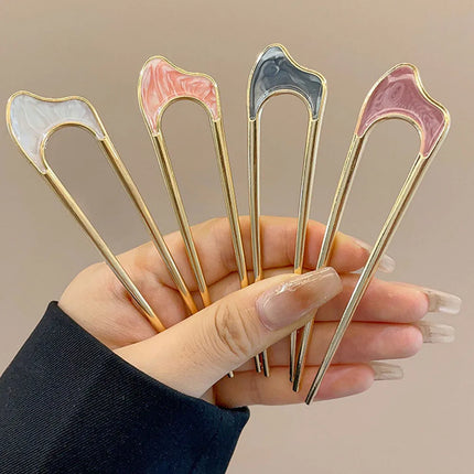 Fashion Luxury Hair Clips Silver Gold Hair Accessories Elegant Enamel Hairpin For Women Metal U Shape Hair Stick Alloy Ornament