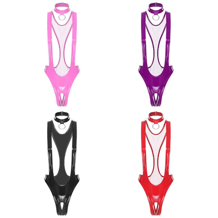 Womens Sexy Glossy Patent Leather Bodysuit – Plunging V-Neck, Backless & Footed for A Bold Night Sissy One-Piece Lingerie Outfit