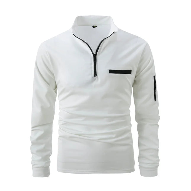Men's stand-collar half-zip long-sleeved polo shirt, new autumn/winter style casual top with trendy and simple pocket decoration