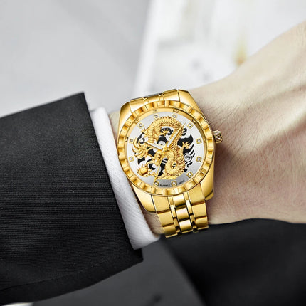 WLISTH Men's Watch 3D Golden Dragon Original Quartz Watch for Men Dragon Dial Waterproof Luminous Date Stainless Steel Watches