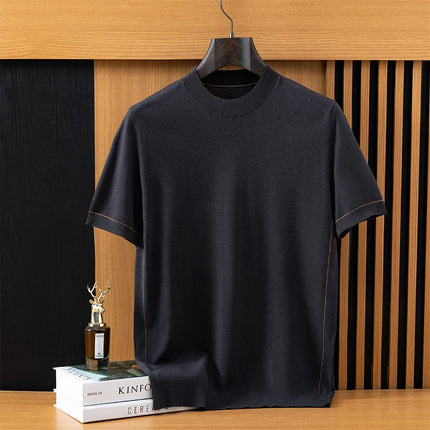2026 Spring/Summer New Men's Short Sleeved 100% Wool T-Shirt Sweater O-neck Solid Color Loose Knit Pullover Business Casual Tops