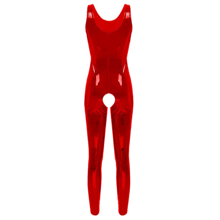 Wet Look Patent Leather Bodysuit High Elastic Bright Leather Crotchless Sleeveless Jumpsuit Nightclub Latex Catsuit For Women