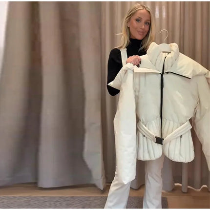 Women Peplum Ski Jackets Hooded Stand Collar Belt Waist Zipper Solid Puffer Jacket Fashion Sheath Warm Sport Winter 2025 Skiwear