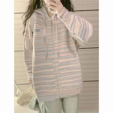 Beautiful And Unique Stripes Zipper Hooded Coat Spring And Autumn Dressing Up Collection Casual Fashion Trends Versatile