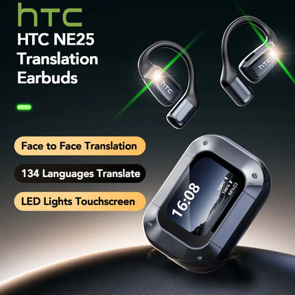 HTC NE25 Open-ear Wireless Headphones Bluetooth V6.0 Ai Translator Earphones HD LCD Display Headset Fits securely 30Hrs Playback