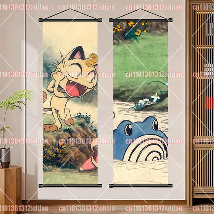 Classic Anime Pokémon Retro Scroll Painting Poliwhirl Pikachu Eevee Charizard Dragonite Squirtle Bulbasaur Creative Poster Gift