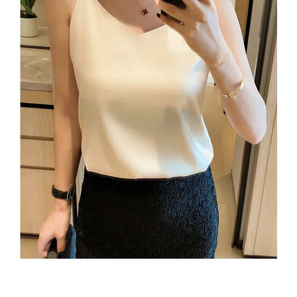 2026 Spaghetti Strap Top Women Halter V Neck Basic White Cami Sleeveless Satin Silk Tank Tops Women's Summer Camisole Crop Top