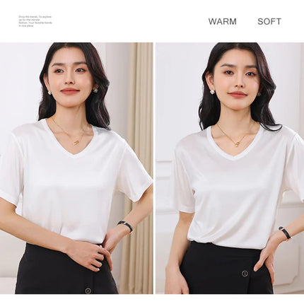 2026 Summer New Women's T-shirt V-neck Knitted Women's Short Sleeve High end Acetate Fiber White Fashion Women's Top
