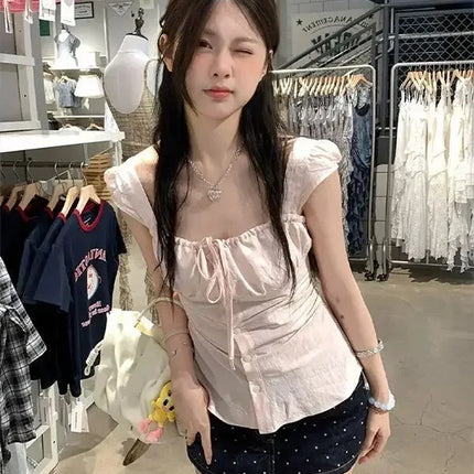 Pure Desire Pink Square Collar Short Sleeve Women's Shirt Summer Slim Fit Sweet And Spicy Girl High End Versatile Casual Waist C