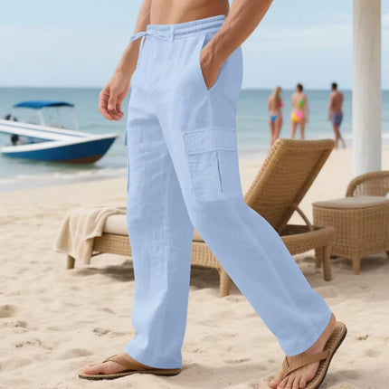 2026 Summer Men'S Cotton And Linen Pants Multiple Pockets Breathable Loose Drawstring Straight Leg Pants Sports And Casual Pants
