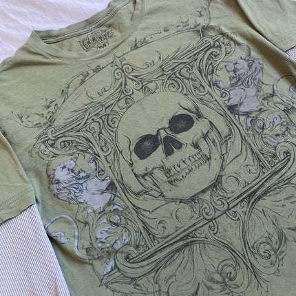 90s Vintage Cross Skull Print Tee Mall Goth Graphic Long Sleeve Patchwork T-Shirt Harajuku Retro Y2K Crop Top Women Streetwear
