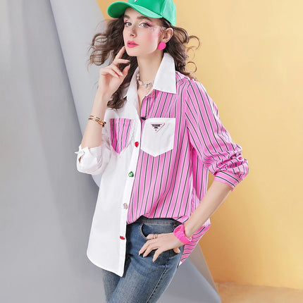 Spring new striped stitching high-end temperament casual women's shirt top for women