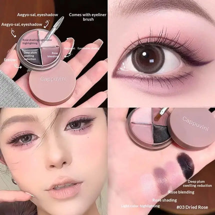 1Pc Eyes Makeup Set Cappuvini Matte Velvet Eyeshadow Palette 4 Colors with Eyeliner Highlighter And Contour Cute Beauty Cosmetic