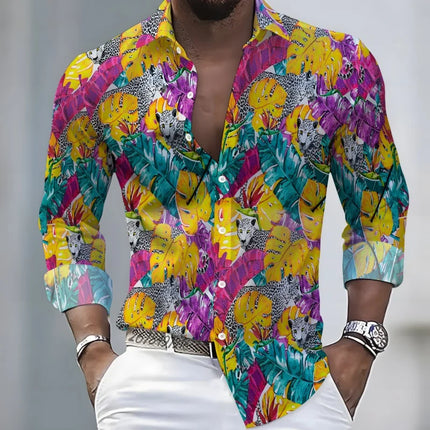 2026 New Hawaiian Style Coconut Tree Print Long-Sleeve Shirt, Stylish Print Men's Casual Vacation Loose Collar Hawaiian Shirt
