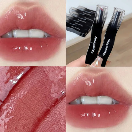 Cappuvini Red Lip Tint Black White Tube Lipstick Light Watery Lip Glaze Soft Mist Lip Gloss Moisture Lipstick 1pcs Mirror Watery