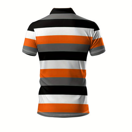 Men's Fashion Orange Striped Logo Print Sporty Short Sleeve Shirt, Machine Washable, Button-Up Casual Top with Retro Design