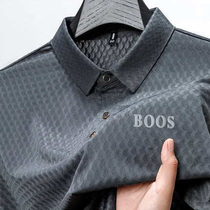 Summer Man Short-Sleeved Polo Shirt Lapel Button Letter Print Wavy Jacquard Design Casual Snug Middle-Aged Minimalist Mens Shirt
