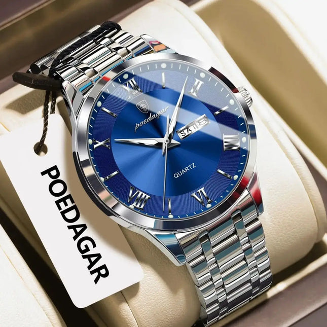 POEDAGAR Luxury Man Clock Waterproof Luminous Week Date Fashion Men's Wristwatch Stainless Steel Business Quartz Watches For Men