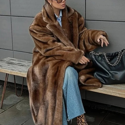 Women Solid Faux Fur Long Coat Lapel Long Sleeve Fluffy Luxury Loose Casual Outerwear 2025 Fashion Winter High Street Outerwear