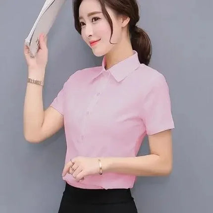 Summer White Short Sleeve Women's Professional Work Shirt Loose Fit Korean Style Plus Size OL Interview Top Button-Up Shirt