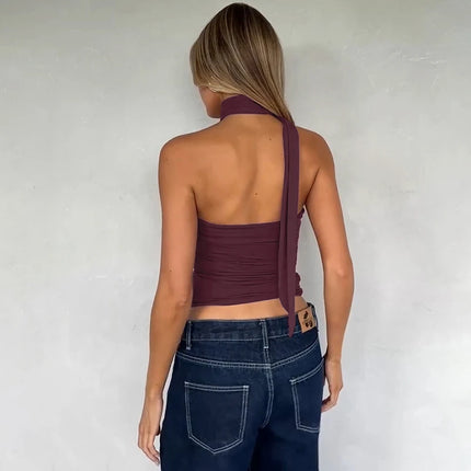 Hugcitar Women Elegant Halter Scarf Strapless Ruched Solid Sexy Slim Crop Tank Top 2025 Summer Casual Clothes Streetwear Party