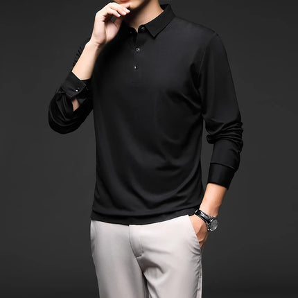 Minglu Mulberry Silk Men's Polo Shirts Luxury Long Sleeve Solid Color Golf Male T-shirts Spring Autumn Business Casual Man Tees