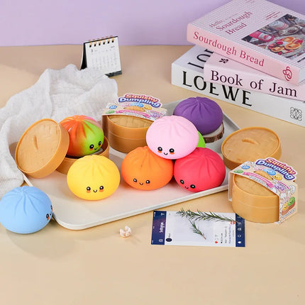 Colorful Dumpling Squishes Blind Box Stress Balls Fidget Sensory Toys Simulation Food Squishies Bun with Steamer Squeeze Toy