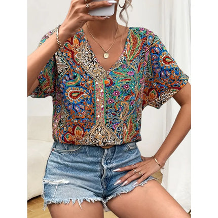Plus Size 0XL-5XL Women's Fashionable V-neck Printed Casual and Comfortable Short Sleeved Shirt