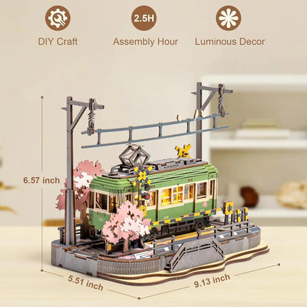 Robotime Sakura Journey Tram 3D Wooden Puzzles with LED Lights Home Decor Gift for Adults Women Girls