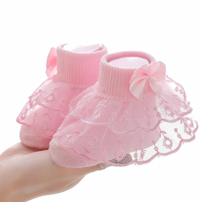 Infant Baby Girls Ruffle Lace Socks Super Soft Ankle Socks Princess Dress Socks With Bow 0 to 2 Years