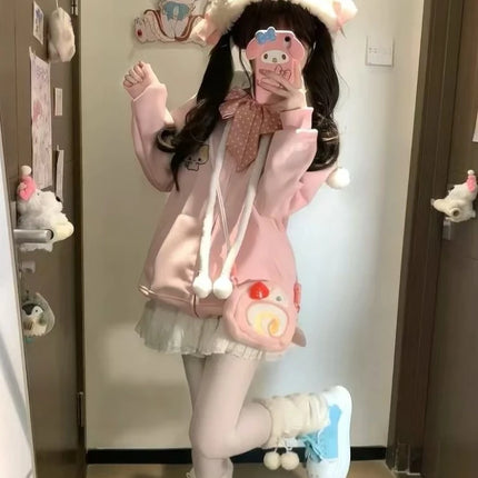 Kawaii Sweet Long Sleeve Hooded Hoodie Autumn New Japanese Pink Loose Lovely Coat Women's Design Warm Pretty Embroidery Overcoat