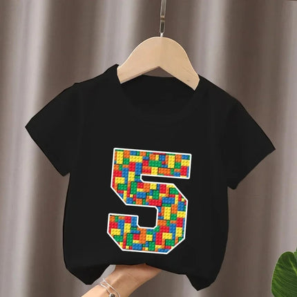 Summer Cotton Children's T-Shirt Building Blocks Bricks Print Number Cartoon Kid 2-9Y Birthday Funny Baby Tee Top Boy Girl Clothes