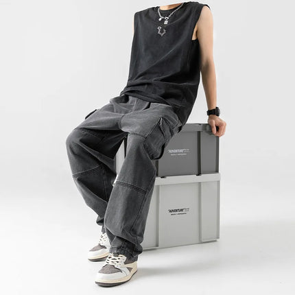 Korean men clothing Japanese style three-dimensional pocket jeans spring new retro vintage washed water workwear men's pants