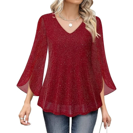 Plus Size 1XL-5XL Women's Fashionable V-neck Casual Ruffle Edge 3/4 Sleeve Loose and Comfortable Shirt