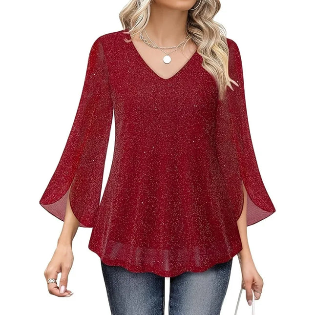 Plus Size 1XL-5XL Women's Fashionable V-neck Casual Ruffle Edge 3/4 Sleeve Loose and Comfortable Shirt