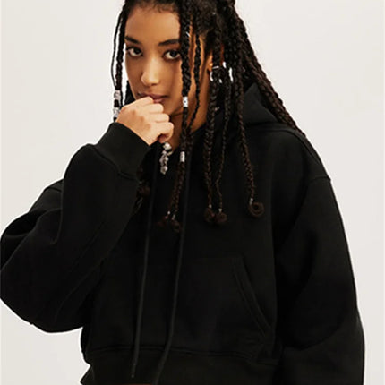 Fashion Loose Hoodies Women Autumn Winter Long Sleeve Crop Top Streetwear Solid Drawstring Hooded Shirt Casual Female Sweatshirt